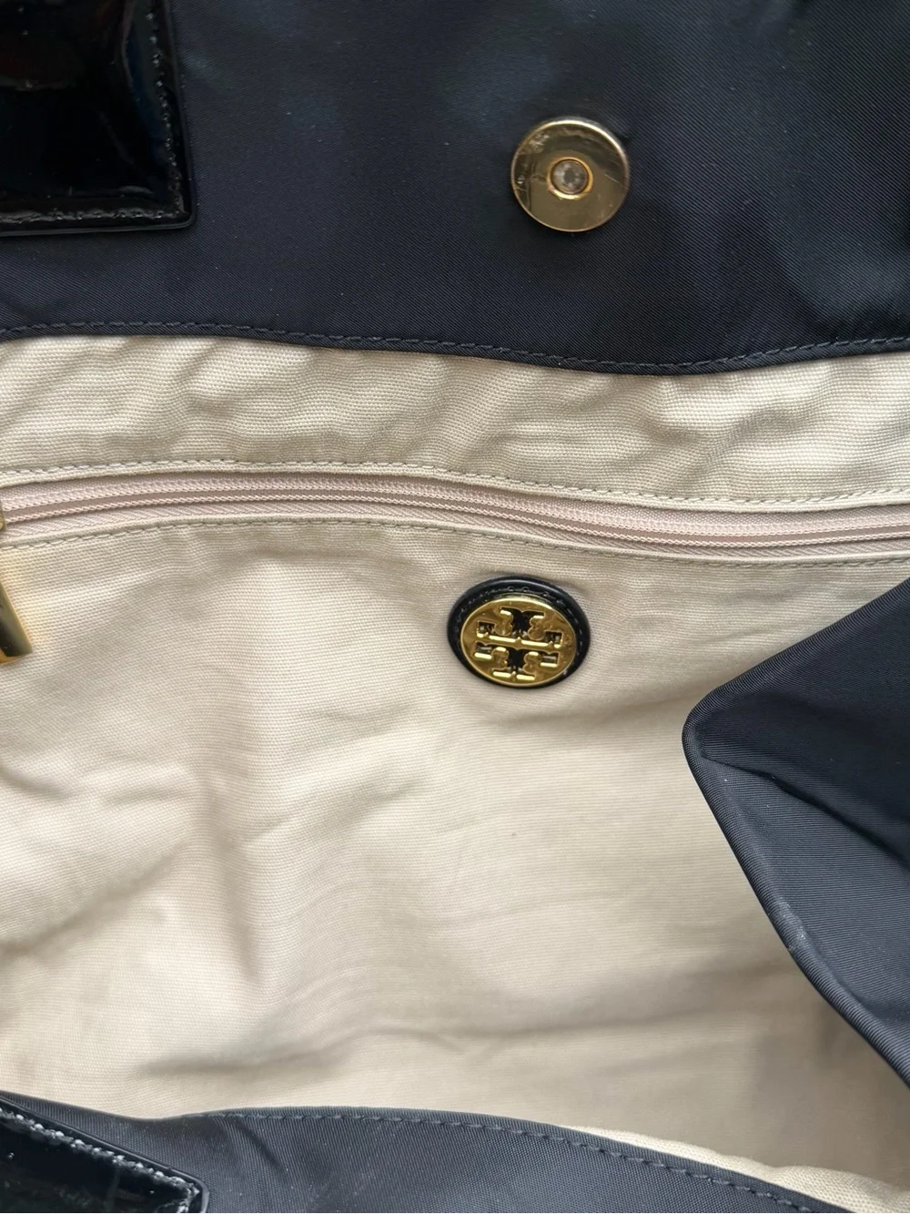 Tory Burch Large Nylon expandable Black Patent Trim Logo Tote